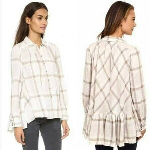 FREE PEOPLE Preppy In Plaid Button Down Ruffle Hem Tunic Flannel Blouse Top